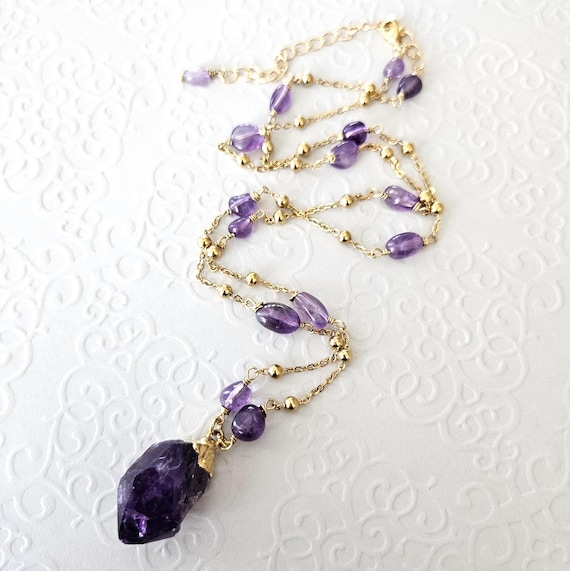 Raw Amethyst Pendant and Satellite Chain Long Necklaces in Gold