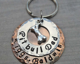 Personalized Pitbull Dog Keychain: Hand Stamped Copper & Silver Bone Charm