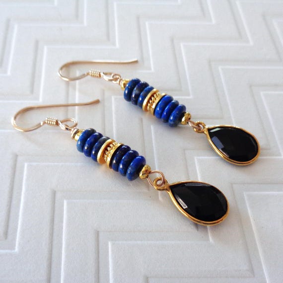 Lapis Lazuli and Onyx Stack Earrings / Glam Gemstone Drops / Gold Fill Jewelry
