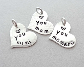 Add on Sterling Silver Heart - Personalized Silver Heart Charm - Love you Custom Heart Name Mom Grammy - Handmade Gift