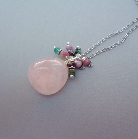 Rose Quartz Gem Cluster Necklace: Turquoise, Onyx & Garnet