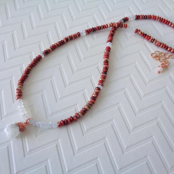 Red Jasper and Moonstone Necklace / Raw Moonstone Pendant / Natural Stone Handmade Jewelry / Earthy Grounding Jewelry