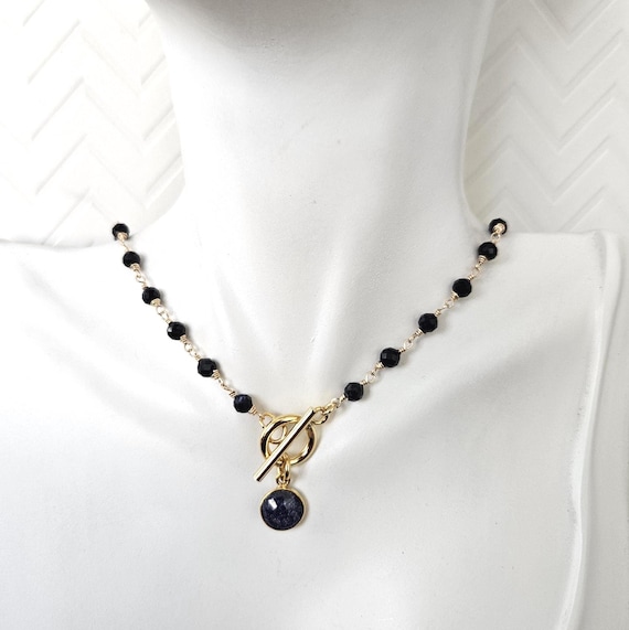 Dainty Gold Sapphire Pendant Necklace Wire-Wrapped with Toggle Clasp / September Birthday Gift