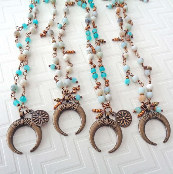 Amazonite Necklace: Brass Moon & Star Pendant, Wire-Wrapped Crystal