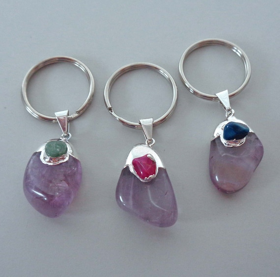 Tumbled Amethyst Pendant Keychain / February Birthday Gift / Crown Chakra Third Eye Stone / Healing Crystals Gift