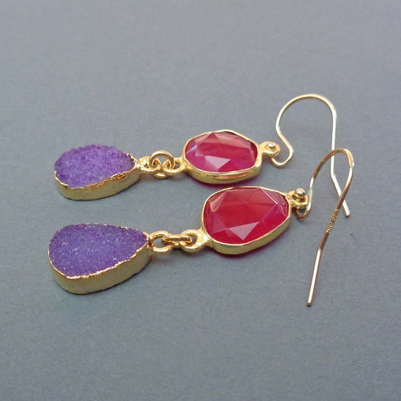 Purple Druzy Fuchsia Chalcedony Earrings - Berry Drops - Gold Purple Red Jewelry - Valentines Gift