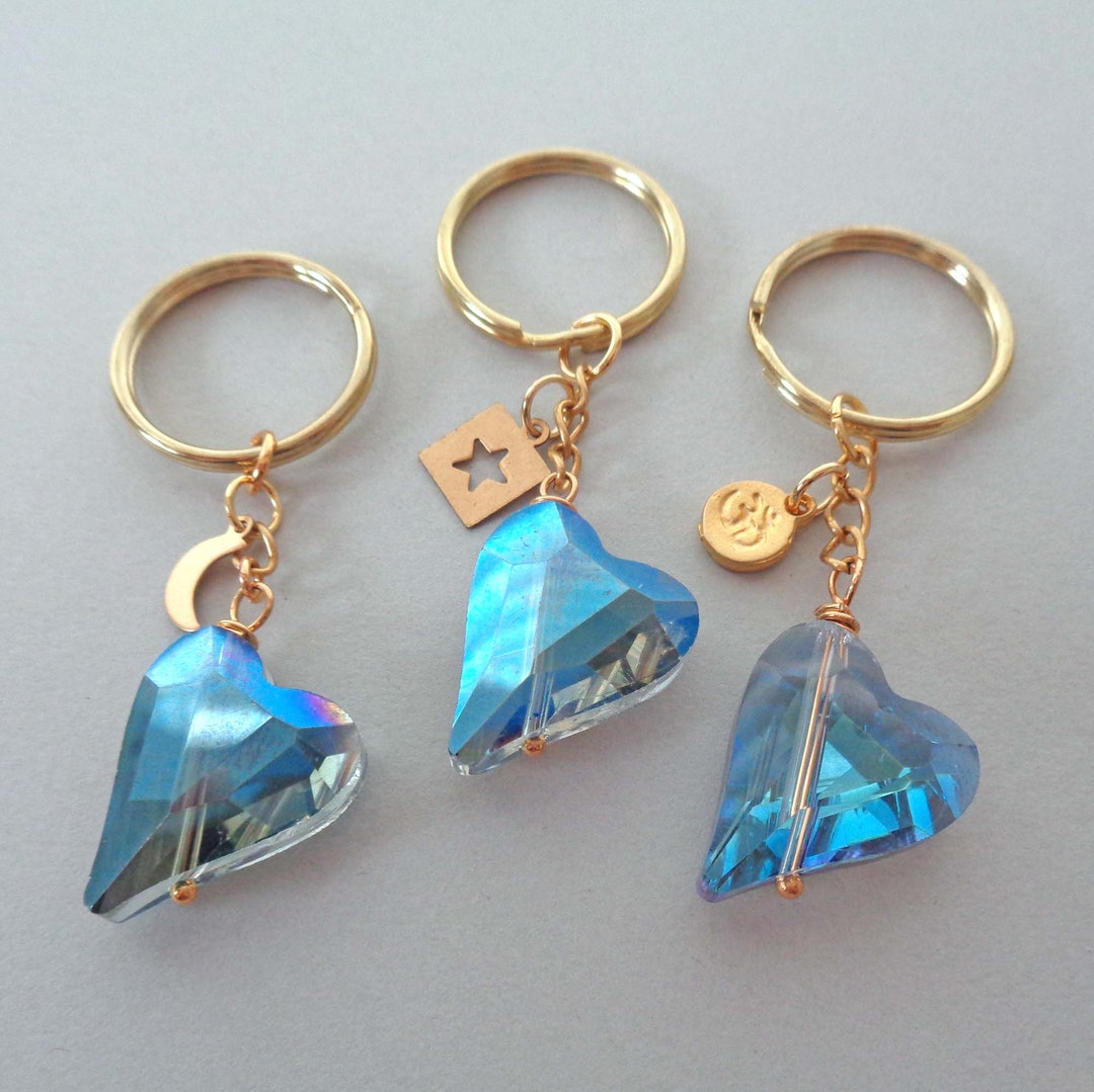 Flashy Blue Heart Crystal Keychain With Gold Moon Star or Om Charm Etsy