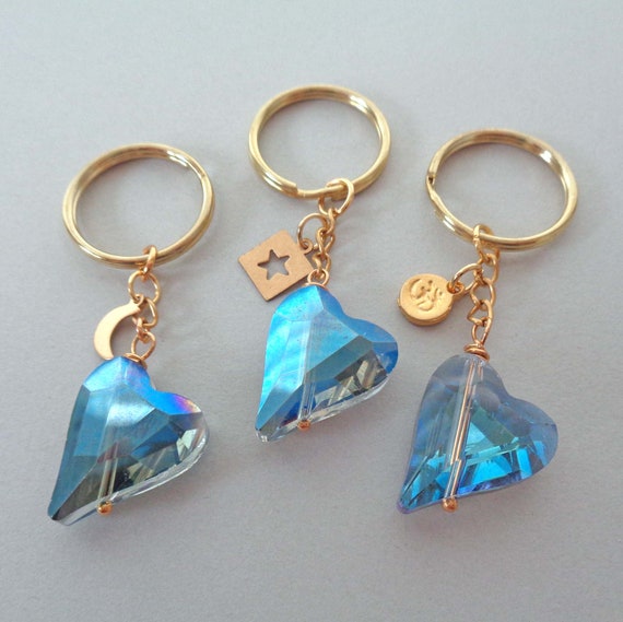 Flashy Blue Heart Crystal Keychain with Gold Moon Star or Om Charm