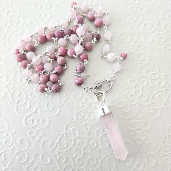 Rose Quartz & Rhodonite Pendant Necklace in Wire-wrapped Silver