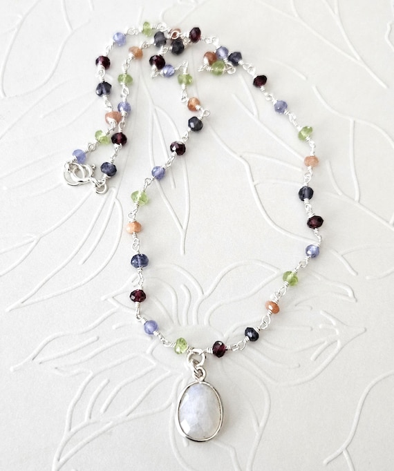 Dainty Sterling Silver Moonstone and Gemstones Wire Wrapped Necklace
