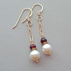 Akoya Pearl and Garnet Gold Fill or Sterling Silver Drop Earrings / Simple Elegant Earrings / June January Birthday Gift