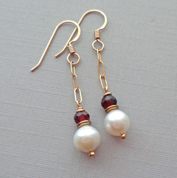 Akoya Pearl and Garnet Gold Fill or Sterling Silver Drop Earrings / Simple Elegant Earrings / June January Birthday Gift