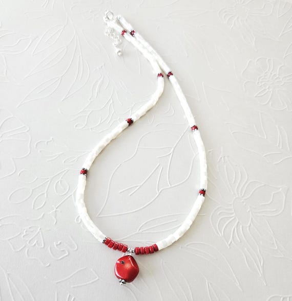 Mother of Pearl and Coral Beaded Necklace Sterling Silver