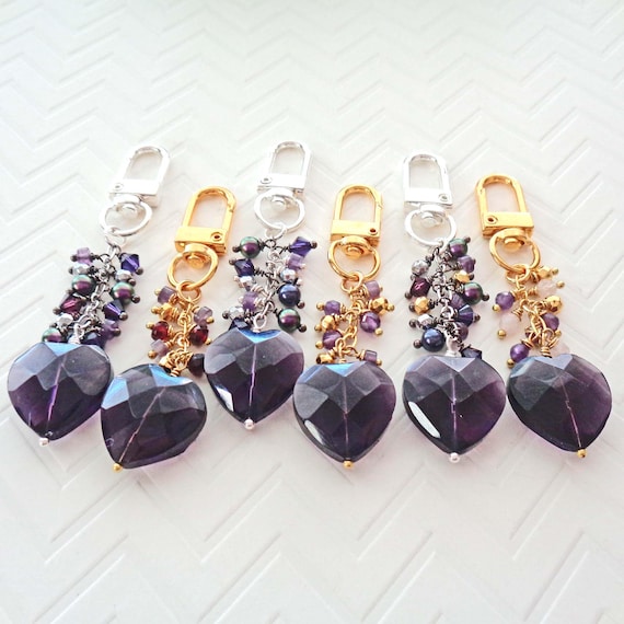 Amethyst Keychain / Purse Bag Charm Bling / Amethyst Heart Charm / Backpack Clip on / Gold Silver Amethyst Gift