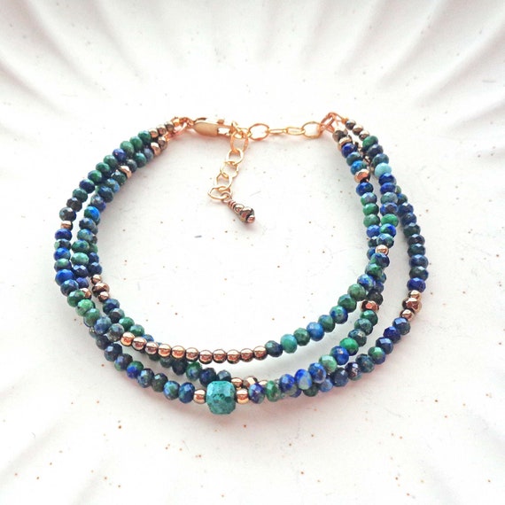Chrysocolla Triple Strand bracelet in Gold Fill / Blue-Green Stones / Minimalist Bracelet /Stone of Change