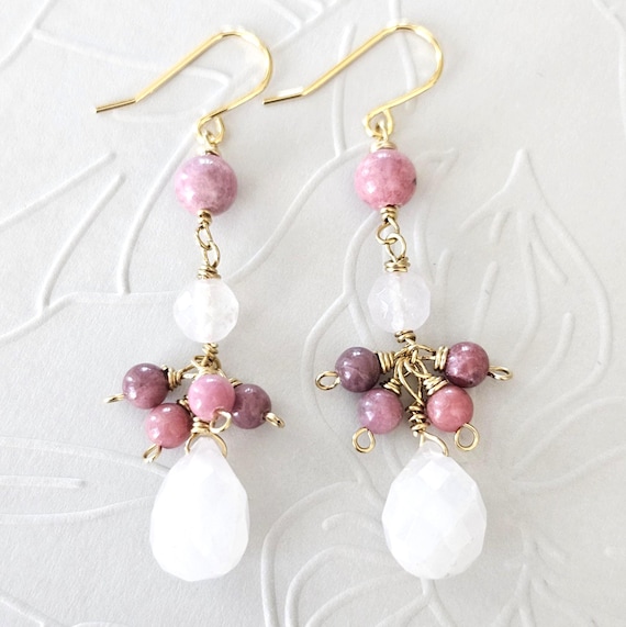 Rose Quartz Rhodonite Drop Earrings in Gold