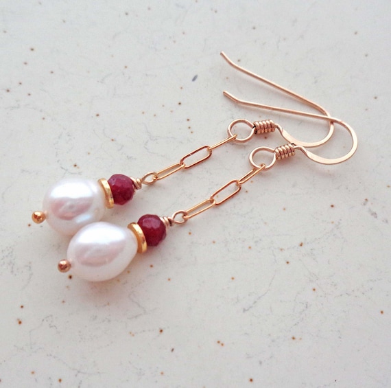Ruby and Pearl Birthstone Earrings /Akoya Pearl in Gold Fill or Sterling Silver Drops / Simple Elegant Earrings / July Birthday Gift
