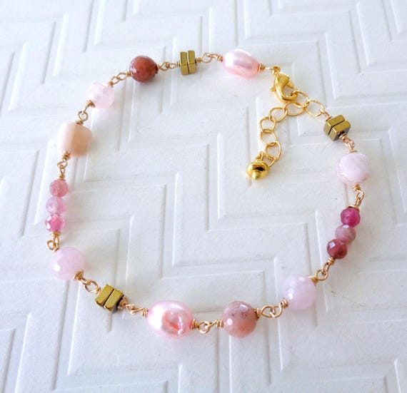 Pink Crystals and Gold Wire-Wrapped Bracelet / Opal Pearls Rose Quartz Tourmaline / Multi Pink Gemstone Jewelry