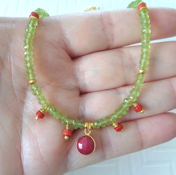 Ruby Peridot & Coral Necklace / Colorful Crystal Jewelry / Genuine Gemstones