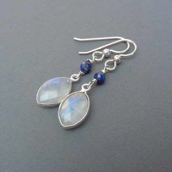 Moonstone Lapis Silver Earrings / June Birthstone Gift / Sterling Silver Moonstone Drops