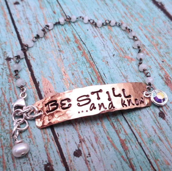 Be Still Bracelet - Be Still and Know Bar Bracelet- Stamped Mantra Spirituality Christian Inspire Cross Crystal -B47