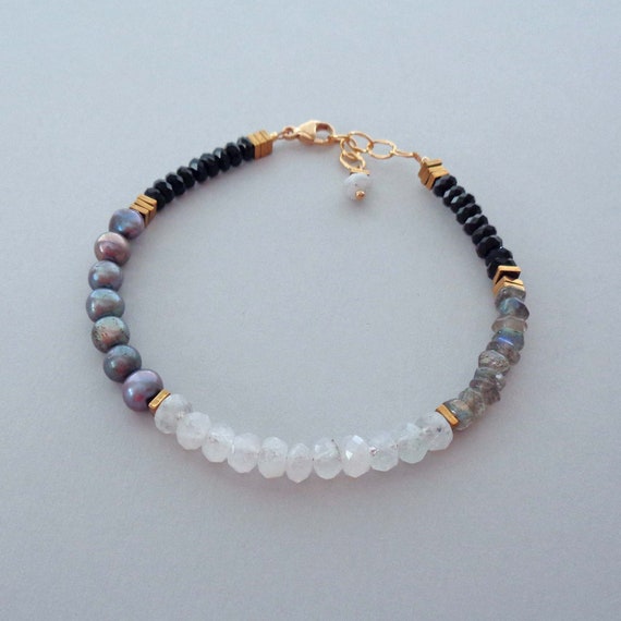 Moonstone Labradorite Gray Pearls Black Onyx Gold Fill Bracelet / Elegant Deena Bracelet / Luxe Evening Wear Gemstones