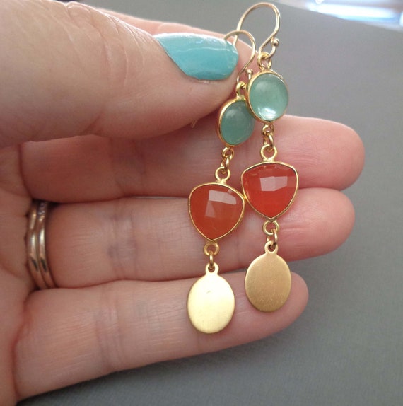 Aqua Chalcedony and Red Onyx Earrings - Natural Gemstone Earrings - Aqua and Red Jewelry //E135