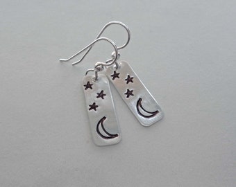 Stars and Moon Sterling Silver Earrings / Hand-stamped Artisan Jewelry / Silver Celestial Earrings