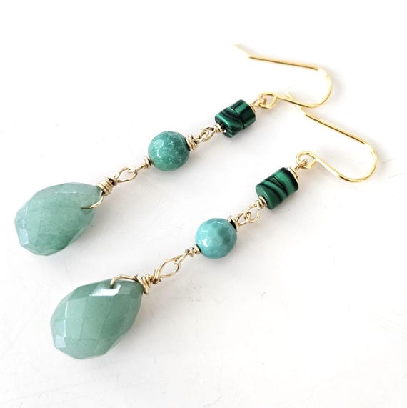 Aventurine Chrysoprase Malachite Drop Earrings in Gold / Green Crystals Jewelry