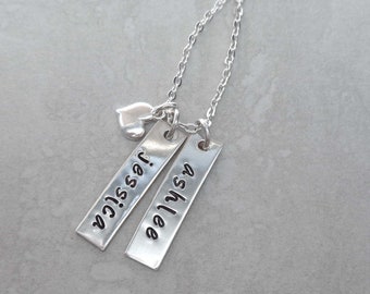 Personalized Sterling Silver Bar Necklace with Heart / Gift for Mom / Mothers Day Necklace / Custom Kids Names