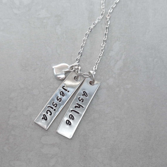 Personalized Sterling Silver Bar Necklace with Heart / Gift for Mom / Mothers Day Necklace / Custom Kids Names