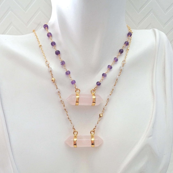Rose Quartz Bar Necklace with Amethyst or Moonstone / Valentines Day Gift / Friendship Love Gift