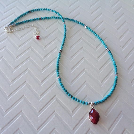 Ruby Pendant and Turquoise Necklace / Dainty Jewelry Sterling Silver / December or July Birthday Gift
