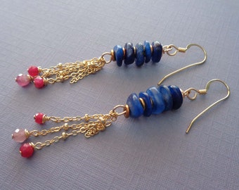 Blue Kyanite Stack Dangle Earrings / Long Crystal Earrings / Kyanite Ruby Pink Tourmaline Earrings