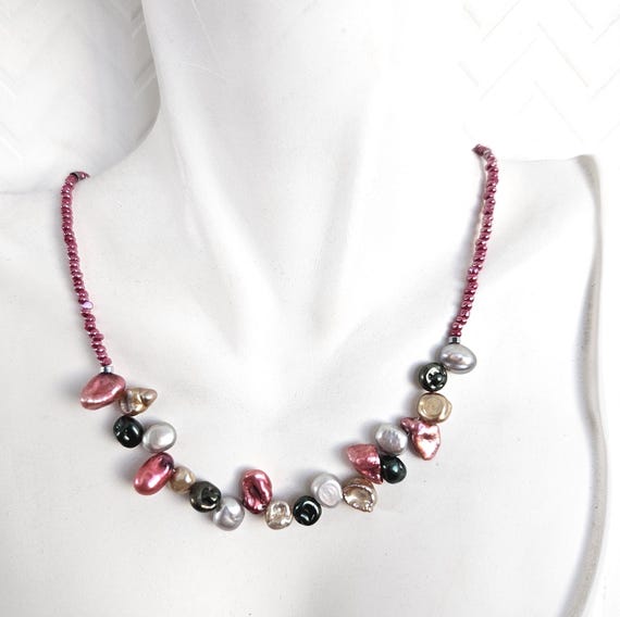 Dainty Colorful Keshi Pearl Necklace with Fuchsia Pink Czech Beads