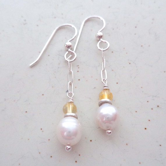 November Birthstone Earrings / Citrine and Pearl Drops / Sterling Silver or Gold-Fill