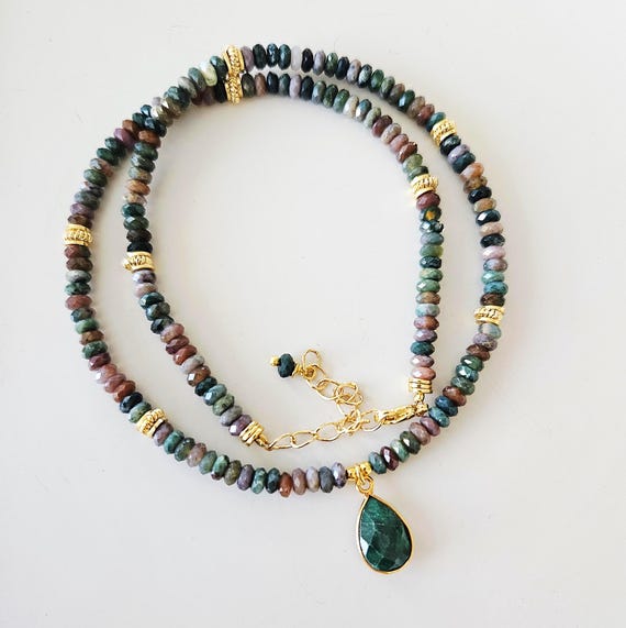 Emerald Drop Agate Princess Necklace / Glam Gemstone Jewelry / Elegant Winter Fall Necklace