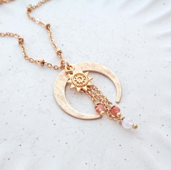 Sun Moon Necklace / Crescent Moon Sunstone Moonstone / Illumination Moon Sun Jewelry