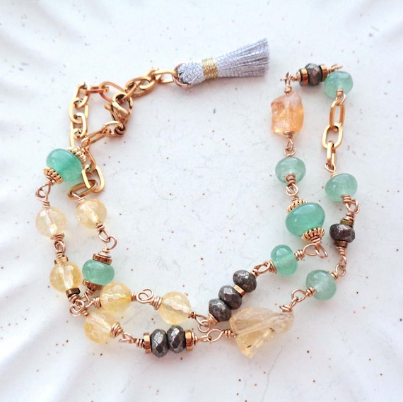 Abundance Financial Prosperity Crystal Double-Wrap Bracelet with Paperclip Chain / Citrine, Aventurine, Pyrite / Luck Money Stones