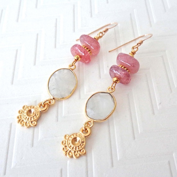 Strawberry Quartz & Moonstone Earrings / Natural Strawberry Quartz Flower Drops