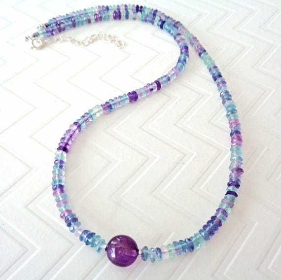 Purple Fluorite & Amethyst Beaded Necklace / Sterling Silver Jewelry / AAA Natural Fluorite / Gorgeous Gemstone Gift
