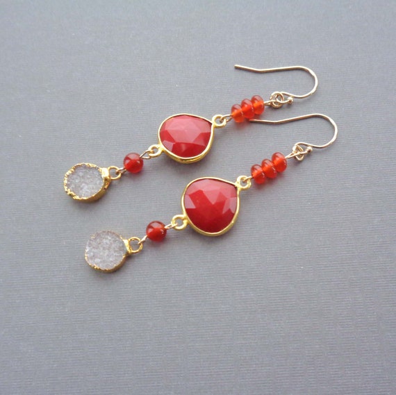 Red Chalcedony Carnelian Drusy Earrings - Long Drop Earrings - Red Gold Jewelry - Valentines Gift - Unique Gemstone Earrings