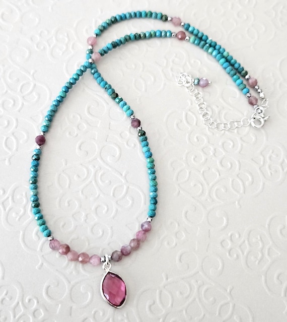 Dainty Turquoise and Pink Tourmaline Beaded Necklace Sterling Silver