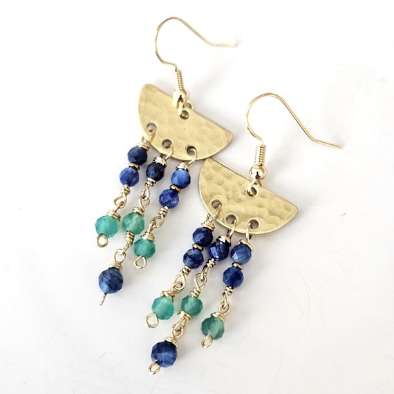 Half moon Kyanite Green Onyx Handmade Gold Earrings