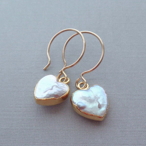 Pearl Heart Earrings / Valentines Earrings / Gold Fill Heart Drops / Wedding Pearls / June Birthday Gift /