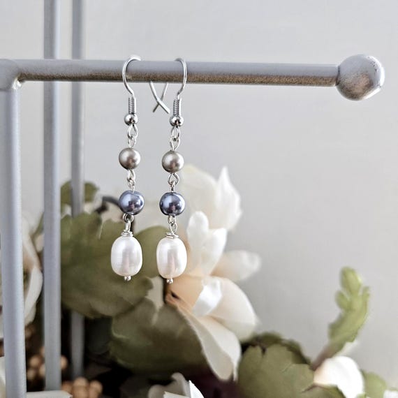 Silver Pearl Dangle Earrings in White, Platinum, and Gray