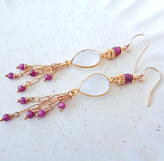Ruby and White Chalcedony Earrings /Fancy Ruby Earrings in Gold Fill  / Elegant Gemstone Earrings / July Birthday Gift