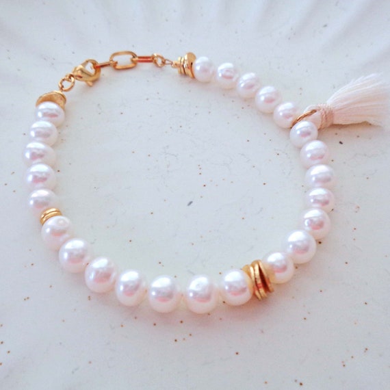 White Pearl & Gold Beaded Bracelet with Tassel / Wedding Pearls / June Birthstone Gift / White Pearl Jewelry