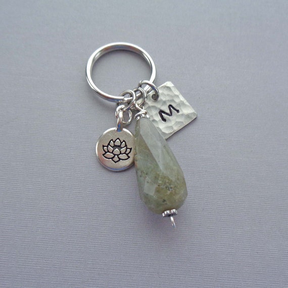 Labradorite Lotus Keychain / Personalized Labradorite Key Ring / Custom Initial Labradorite Gift / Stone of Transformation