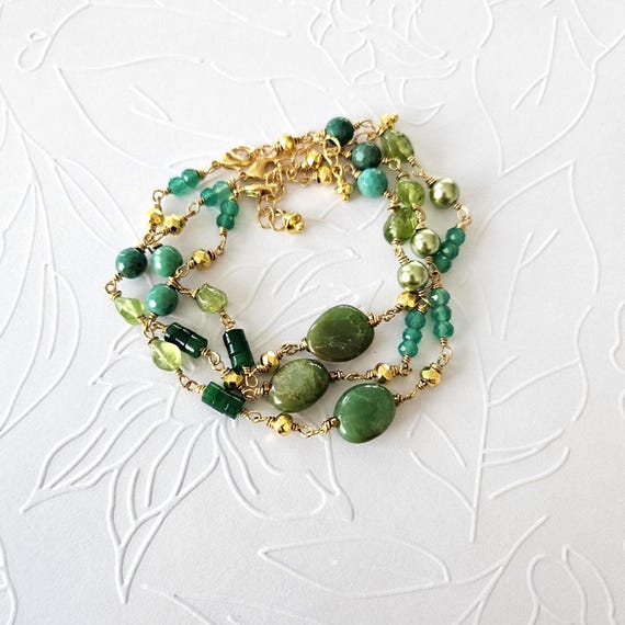 Green Gemstone Wire-Wrapped Bracelet in Gold : Chrysoprase, Green Onyx, Peridot, Malachite